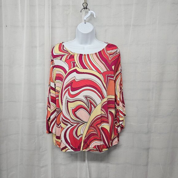 Vintage Chico's Retro Psychedelic Mod Blouse Pink Yellow 90s Festival 2 (L) - Picture 11 of 11
